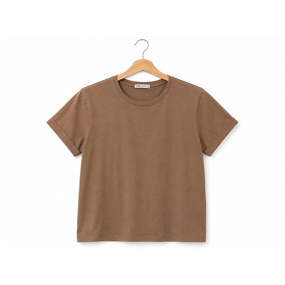 Zara Womens Brown Short Sleeve Cuffed Boxy T-Shirt Size M Crew Neck Basic Tee